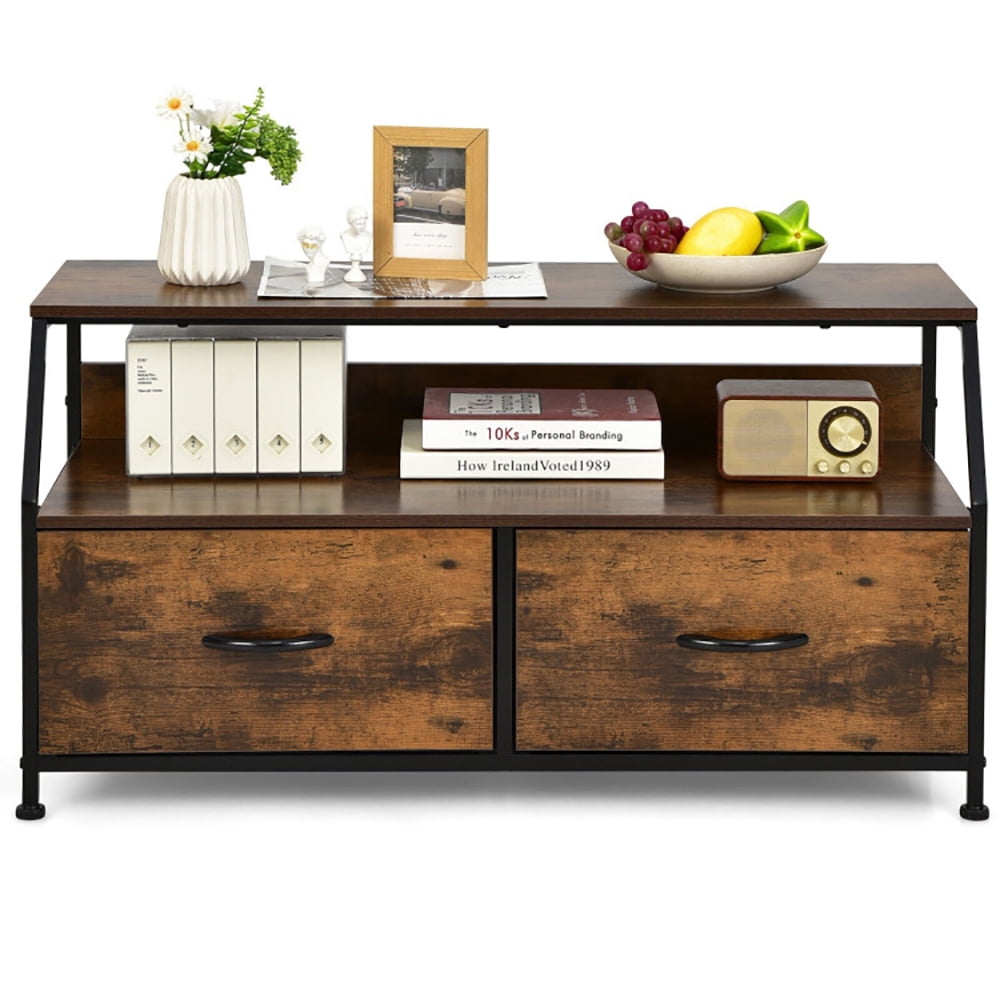 Finihen TV Stand, TV Cabinet, Dresser TV Stand with 2 Folding Fabric Drawers and Open Shelves, for Living Room, Bedroom, Rustic Brown