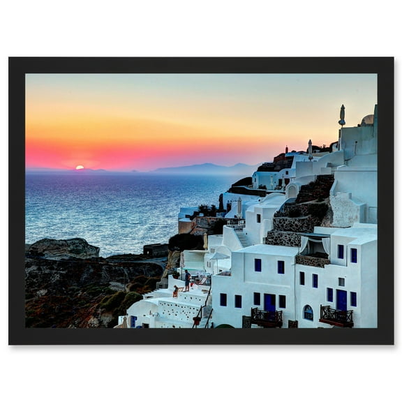 Photo Scenic Sunset Oia Santorini Greece Buildings Artwork Framed Wall Art Print A4