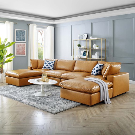 Modway Commix 6-Piece Down Filled Overstuffed Vegan Leather Sectional Sofa in Tan
