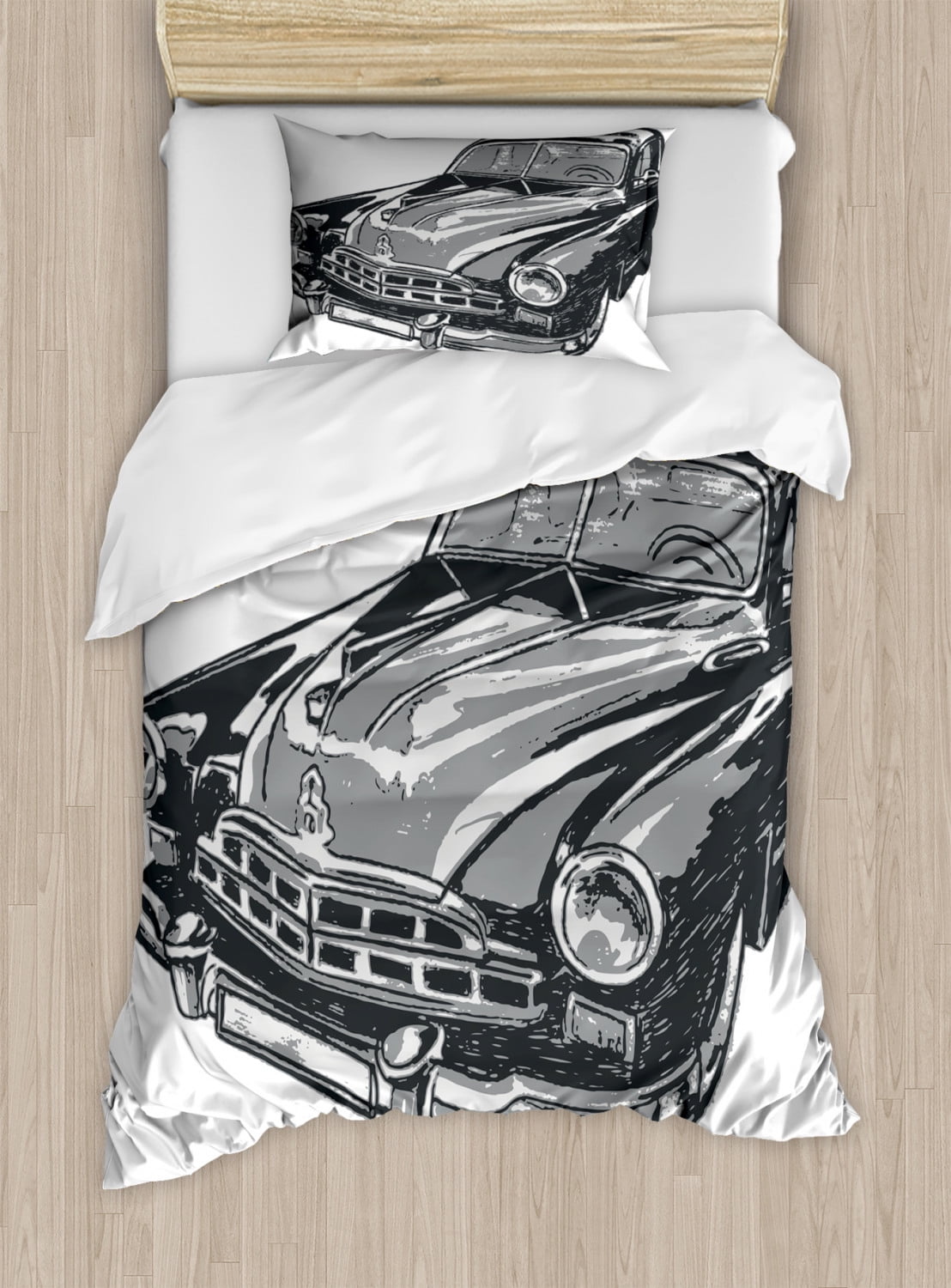 Cars Duvet Cover Set Twin Size, Hand Drawn Vintage Vehicle with
