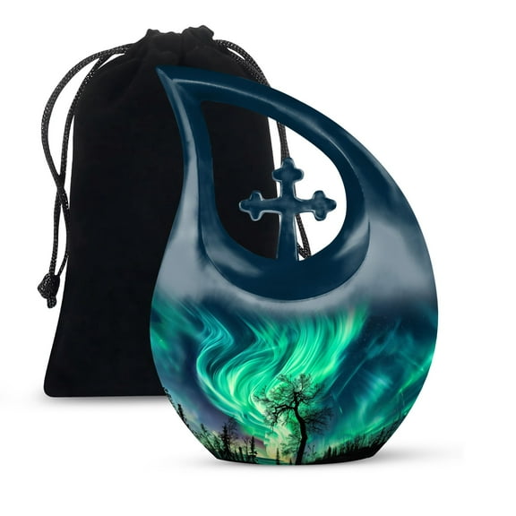 MUKTIVE Northern Lights Cremation Urn, Urn for Ashes for Women, Dark Blue Large Urns for Female, Decorative Funeral for Burial In Ground, Memorial Urns for Man (Size - 10inch)