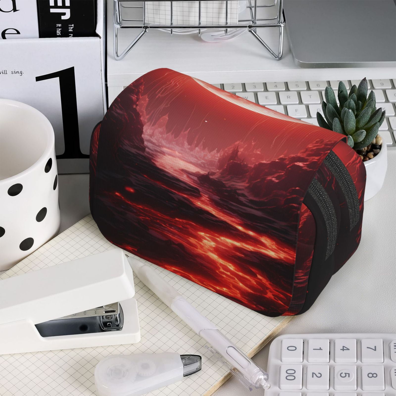 Rateoe Red Moon Lava Pattern Double Clamshell Pen Case, Storage Organizer with Two Zipper Compartments– Holds Up to 50 Pencils & Pens