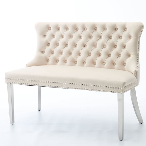 S-HOME Velvet Double Dining Loveseat Bench in Beige with Gold-Plated Stainless Steel Legs, Mid-Century Modern Design for Two
