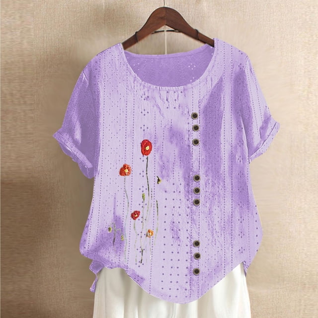 Blouses pour Femmes, Mode pour Femmes Blouse Imprimée Confortable Ample à Manches Courtes Bouton Court Lock Décontractée à Col Rond