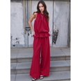 thumbnail image 5 of Women Summer 2 Piece Outfits Sleeveless Ruffle Top Wide Leg Pants Set with Pockets Wine Red S, 5 of 8