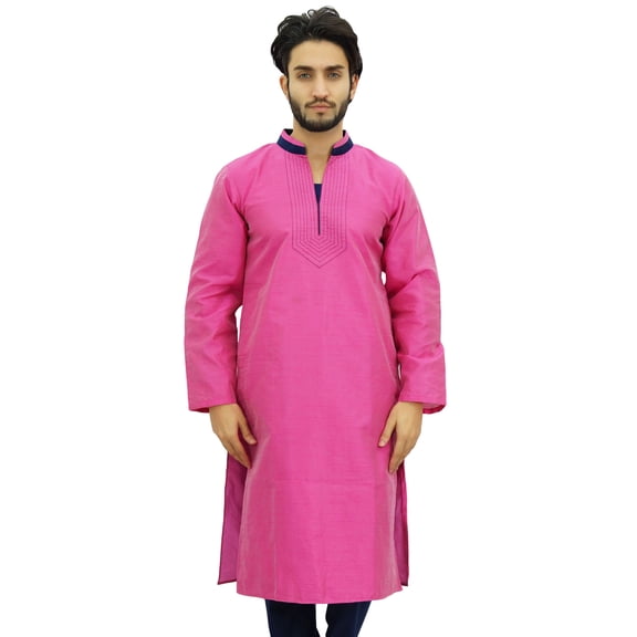 Atasi Men's Long Kurta Dupion Indian Pink Shirt Ethnic Tunic-XX-Large