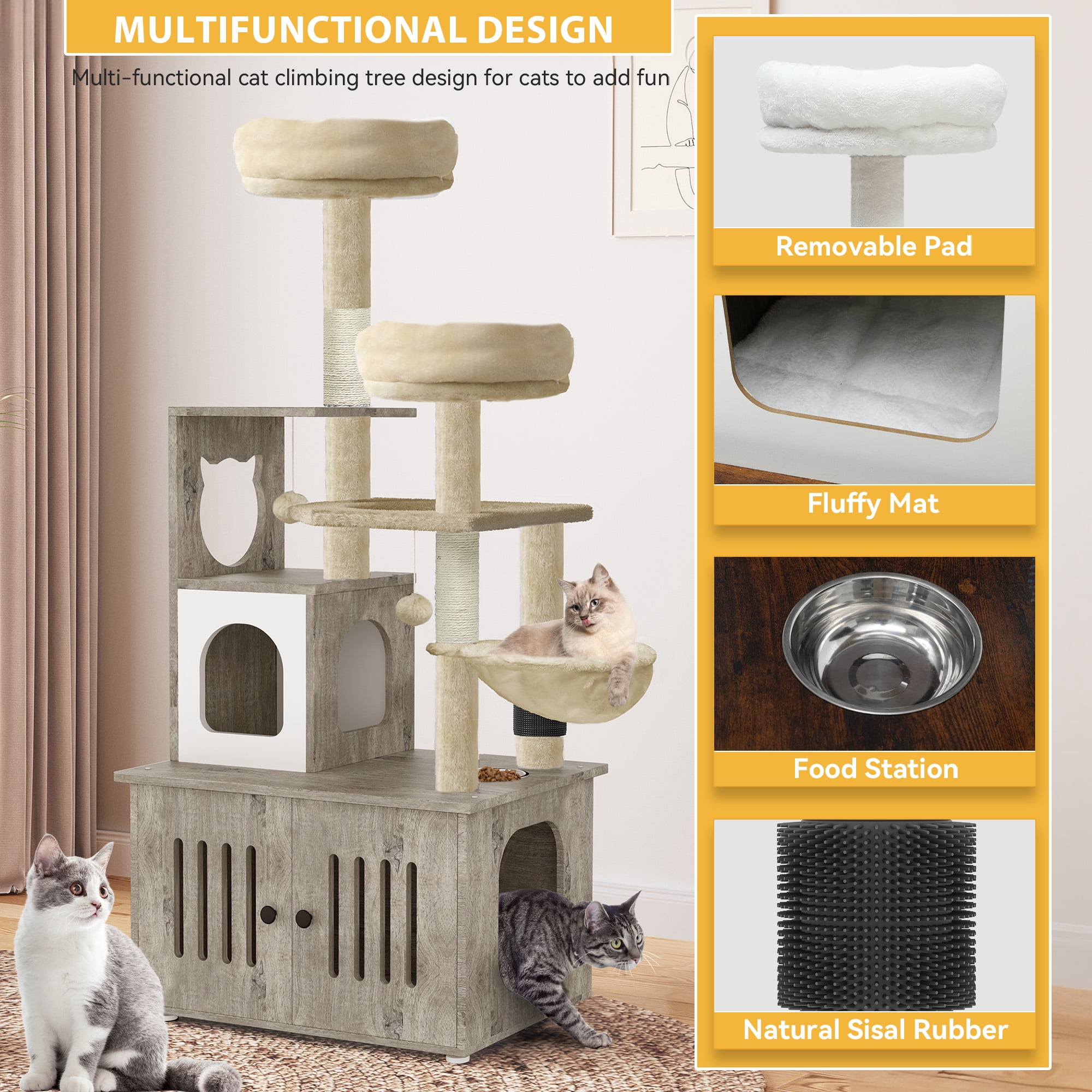 Dextrus 2-in-1 Cat Furniture Condo, 59" Cat Tree Multi-Functional Cat Tower with Litter Box Enclosure, Wood House, Scratching Post, Feeding Station, Hammocks & Brush - Gray