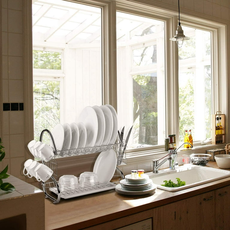 Plastic Dish Drying Rack with Lid Cover 2 Tier Kitchen Sink Dish Drainer  Drying