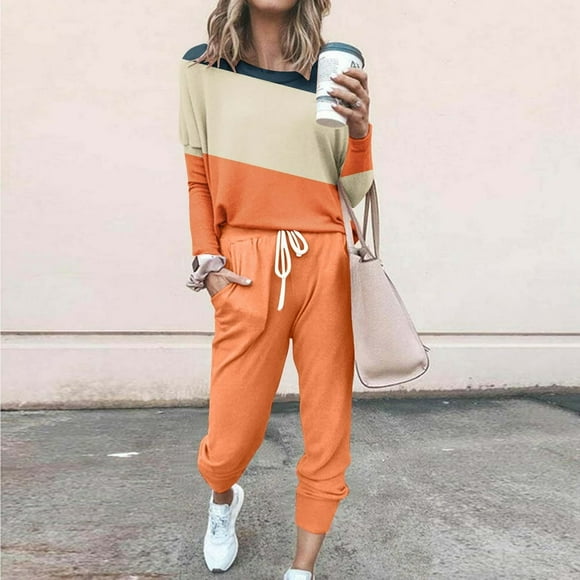 CHUANK Sweatsuits 2pcs Sets Womens Jogger Set Long Sleeved Color Blocking Leisure Fashion Loose Round neck Two Piece Sweatpants Joggers Gray Size L
