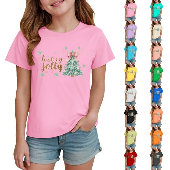 Ulanda Toddler Girl Christmas Shirt Kids Xmas Tshirt Cotton Short Sleeve Tee Top 2-10 Years (Light Purple, 13-14Years)