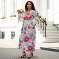 thumbnail image 3 of FKELYI Pink Flower Print Womens Long Sleeve Fall Dress V Neck Maxi Casual Dress with Pockets Soft A-Line Flowy Tiered Waist Dresses for Ladies, 2XL, 3 of 6