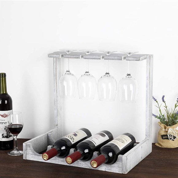 Wooden Wine Display Holder for Kitchen Cabinets Bar Hold 4 Bottles 8 Glasses