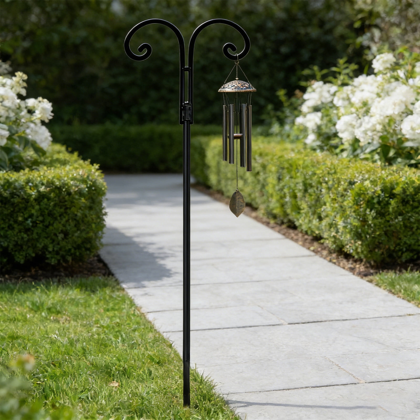 Cadancy Outdoor Shepherd Hook Solar Light Holder Garden Stake Double Hanger Metal Plants Stand Patio Lawn Decorative Hook Bird Feeder Pole Backyard Landscape Accessory