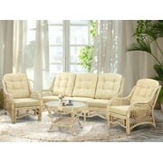 Malibu Lounge Set of 4: 2 Natural Rattan Wicker Chairs, Three-Seater Sofa with Cushions and Coffee Table with Glass Handmade, Natural Color (Cream Cushions)