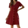 thumbnail image 3 of HUBERY Women Button Down V Neck Short Sleeve Pockets Solid Color Midi Dress, 3 of 6