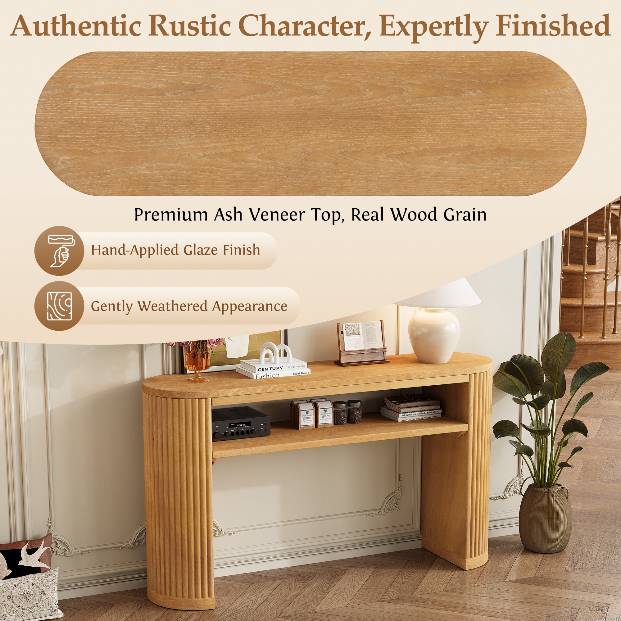 Euroco 53" Fluted Console Table, Modern Entryway Table with Open Storage Shelf & Wood Legs, Long Sofa Table Behind Couch for Living Room, Hallway,Natural