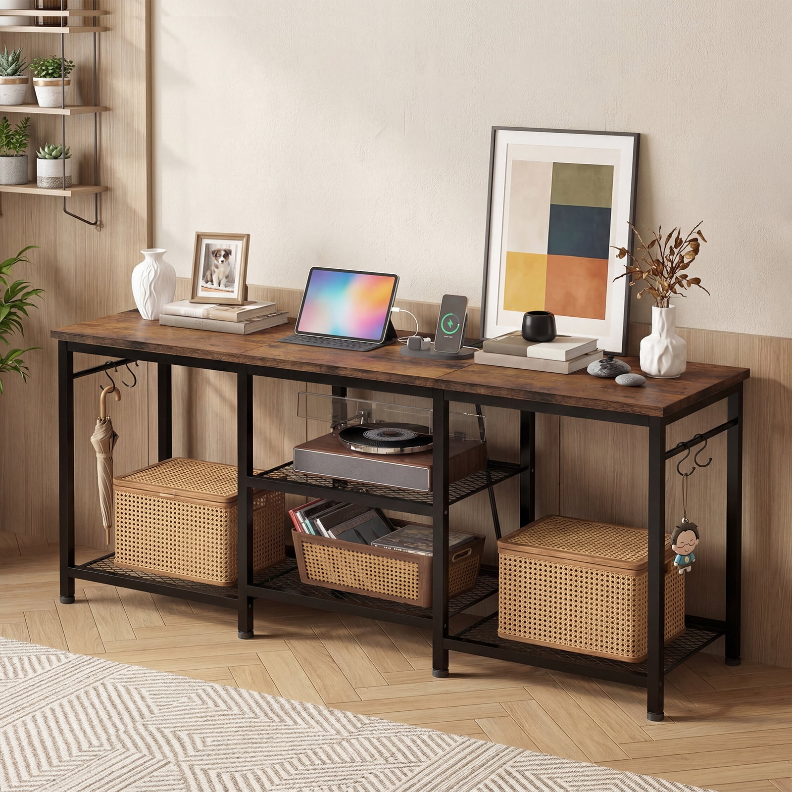 Tomnk TV Stand for 55 Inch TV, Entertainment Center with Power Outlet and Open Storage Shelves, Media Console Table for Living Room and Bedroom, Rustic Brown