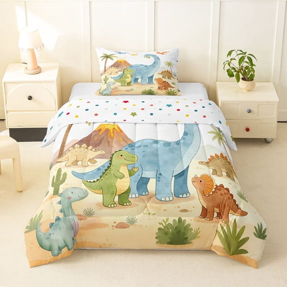 Homewish Cute Dino Family Twin Comforter Sets,Jungle Animals Bedding Set,Polkadot Reversible,2-Piece,1 Comforter and 1 Pillowcase
