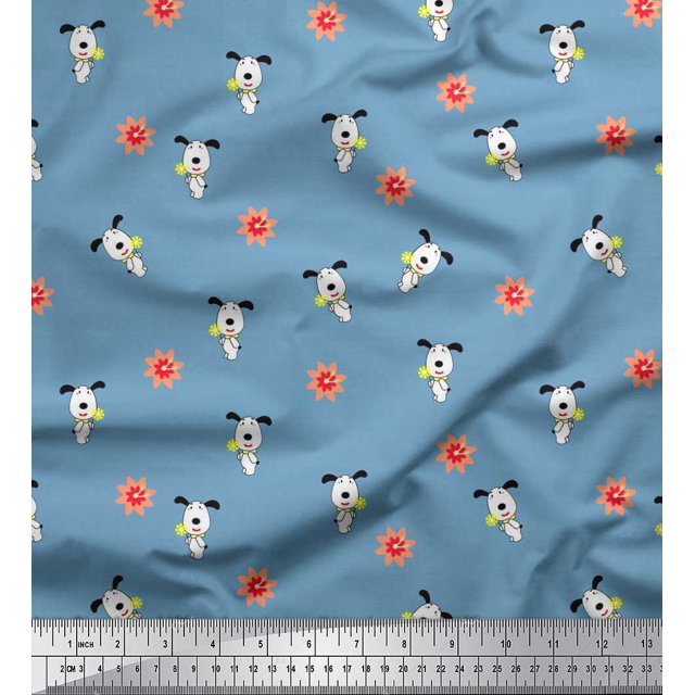 Soimoi Poly Georgette Fabric Floral & Dog Cartoon Printed Craft Fabric by The Yard 52 Inch Wide