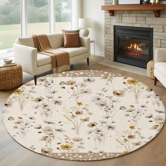 Vintage Spring Floral Round Area Rugs Collection 7', Farmhouse Botanical Rustic Non Slip Indoor Circular Throw Runner Rug Floor Mat Carpet for Living Room Dining Table Bedroom Nursery