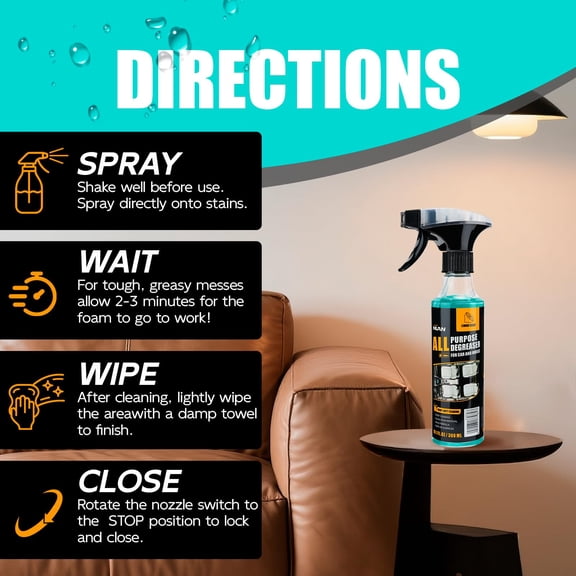 NUAN All Purpose Degreaser for Car and House, Lemon Scent, Heavy-Duty Cleaning Spray, Quick Stain Removal, 10.1 fl oz/300 ML