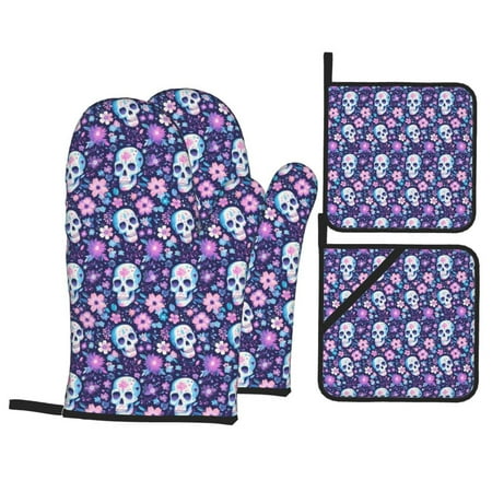 

Oven Mitts and Pot Holders Sets 4 pcs - Skull pink purple flower Heat Resistant Silicone Oven Gloves with Non-Slip Silicone Surface and hot pads for kitchen Baking Cooking BBQ
