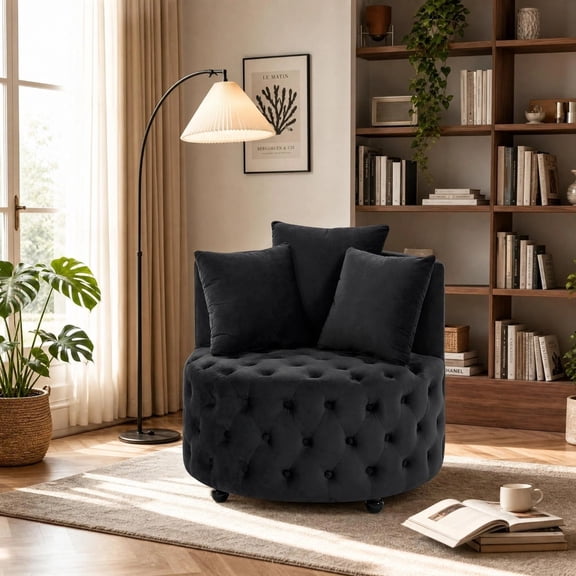 Jivora 30" Velvet Swivel Accent Chair with Button Tufting, Wheels and 3 Pillows, Living Room