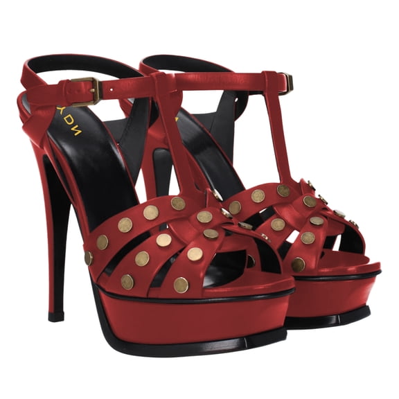 YDN Women Open Toe Studded T-Strap Sandals Platform Buckle Super High Heels Sexy Cocktail Party Show Shoes Size 7 Red