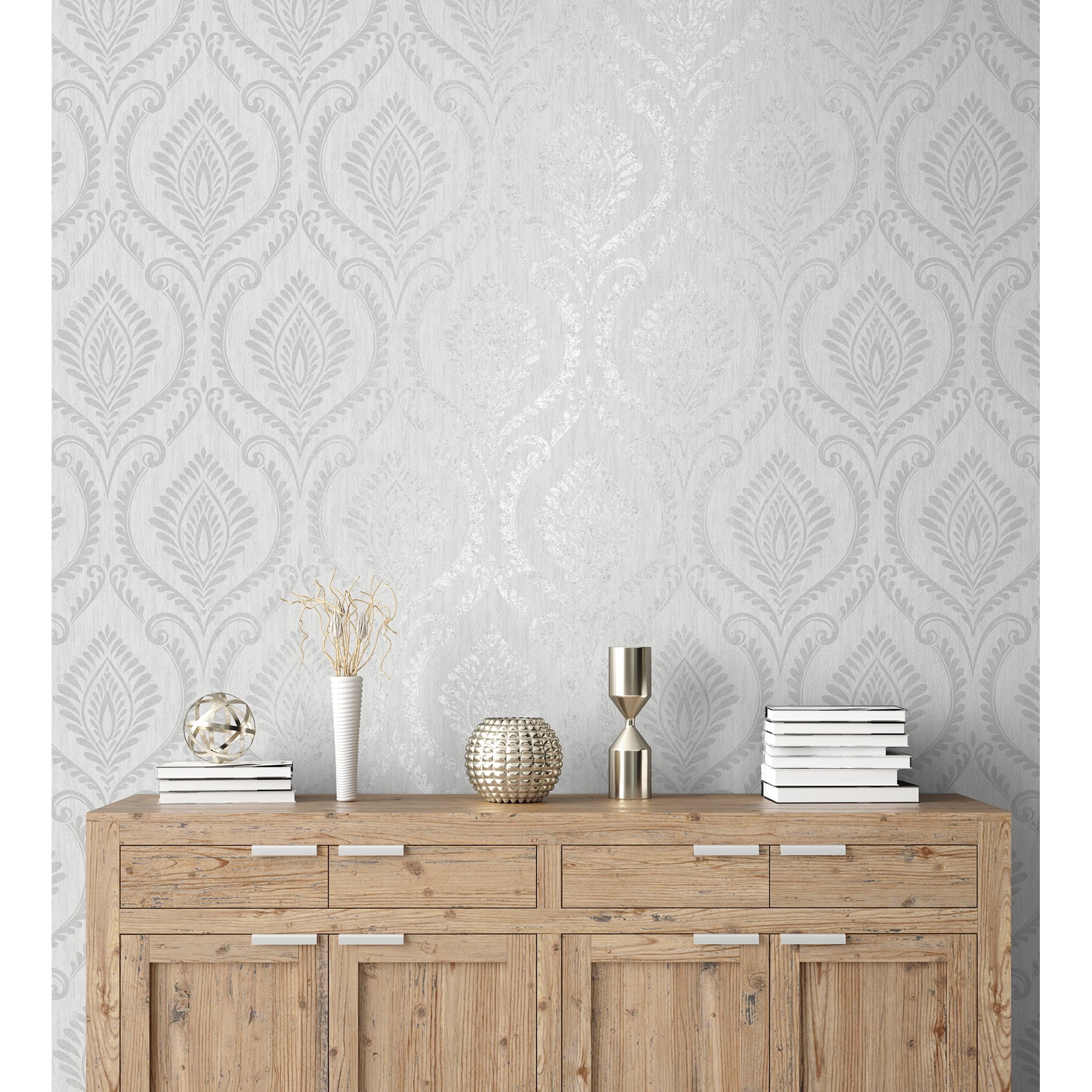 Fine Decor Estelle Grey Damask Wallpaper, 20.5-in by 33-ft
