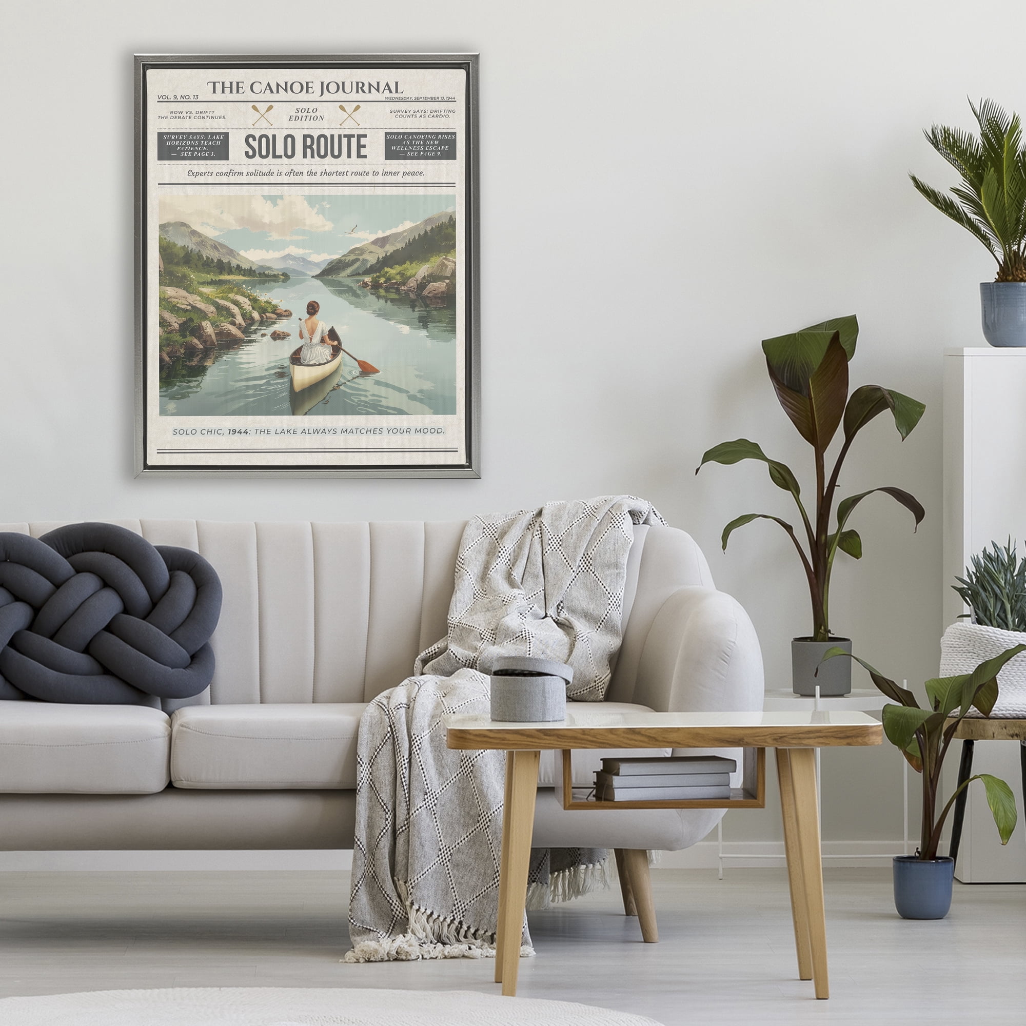 Stupell Industries Canoe Journal Newspaper Gray Framed Floater Canvas Wall Art, design by A Barefoot Stylist