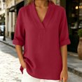 thumbnail image 5 of Women's Summer Shirts Casual Loose V-Neck Fixed Roll Cuff Short Sleeve Solid Color Blouses Lightweight cotton Linen Curved Hem Short Tops for Office Daily Wear, 5 of 7