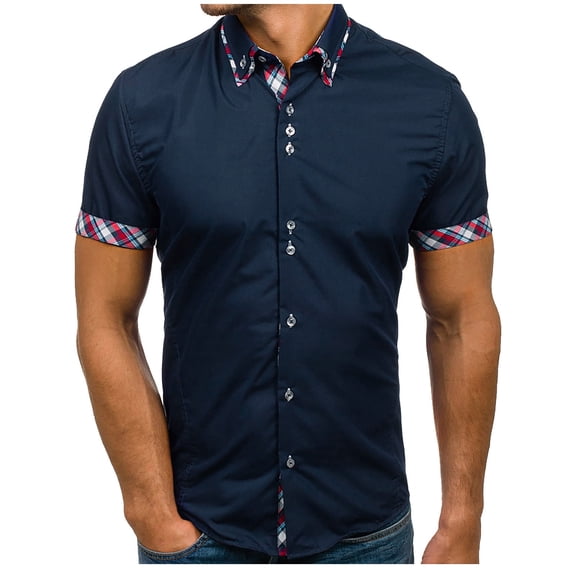 SwiftWear Men Polyester Short Sleeve Turndown collar Plaid Tshirts Shirts For Men Navy M