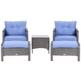 thumbnail image 1 of Outsunny 5 Pieces Wicker Patio Furniture Sofa Set Thick Padded Cushions, Outdoor PE Rattan Conversation Coffee Set with Armchairs, Footstools and Glass Top Table, Blue, 1 of 10
