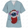 thumbnail image 3 of Blusa de uniforme de trabajo con cuello en V y cordón de manga corta con estampado de dibujos animados de Disney Stitch para mujer, 3 of 5