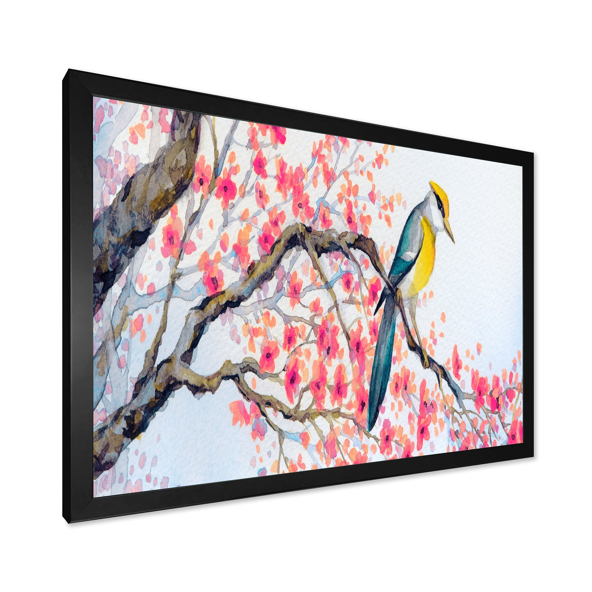 Beautiful Pink Bird Sitting On Flowering Branch I 32 in x 16 in Framed Painting Canvas Art Print, by Designart