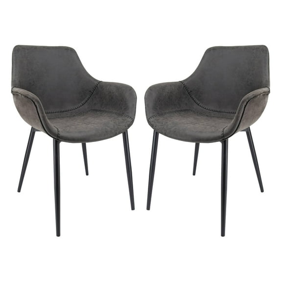 Markley Modern Leather Dining Arm Chair With Metal Legs Set of 2 - Charcoal Black