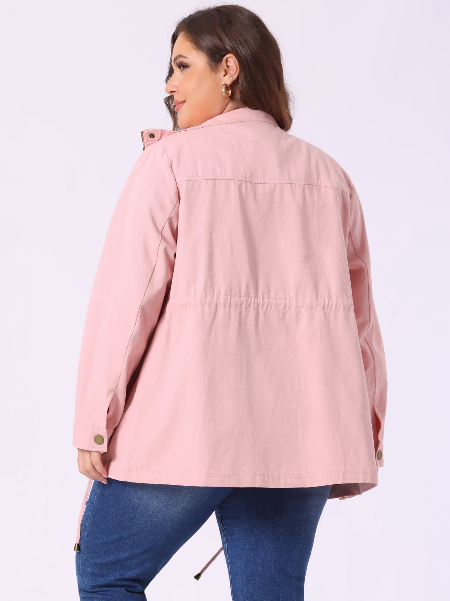DARING DIVA Women's Plus Size Drawstring Waist Zip-up Utility Jacket 1X Pink