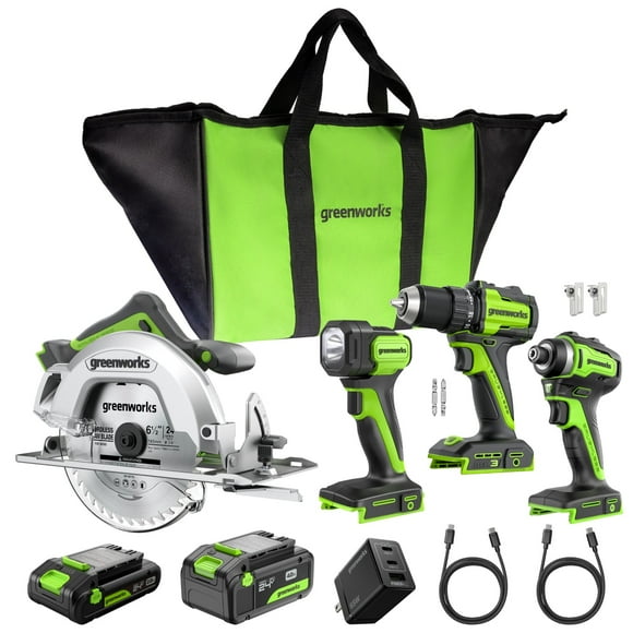 Greenworks 24V Cordless Brushless Combo 400 in-lbs Drill / Driver +1950 in-lbs Impact Driver +6.5" Circular Saw +200LM Flashlight, 2.0Ah + 4.0Ah Batteries (24,000mAh Power Bank) and 65W USB-C Charger