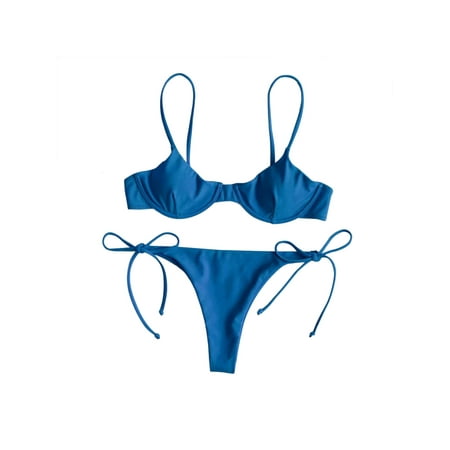EWODOS Women Split Swimsuit Set  Solid Color/Printed V-neck Bikini + Lace Up Panties for Summer