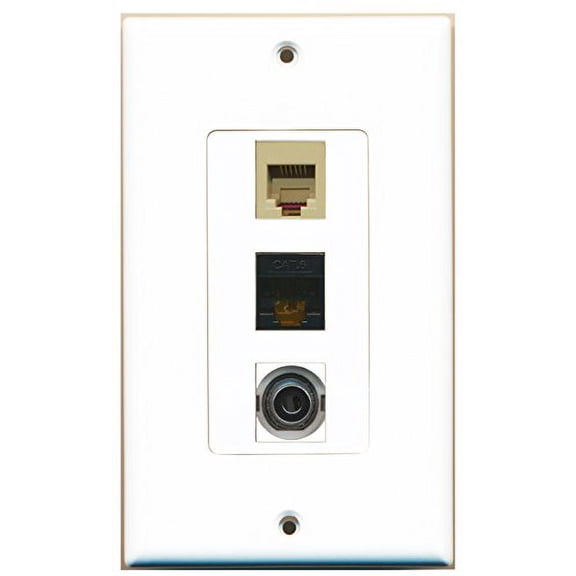 RiteAV - 1 Port Phone RJ11 RJ12 Beige and 1 Port 3.5mm and 1 Port Cat6 Ethernet Black Decorative Wall Plate Decorative