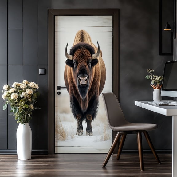 Door Stickers Peel and Stick Door Mural American Bison Buffalo Animals Rustic Brown Bison Removable Wallpaper 30.3''x78.7'' Self-Adhesive Mural for Kitchen Living Room Bedroom Decor