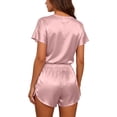 thumbnail image 6 of IROINNID Women's Satin 2 Piece Pajama Set,Ruffle Short Sleeve Round Neck Top,Adjustable Drawstring Side Slit Shorts,Breathable Cool Solid Sleepwear for Summer Casual Home Wear, 6 of 6