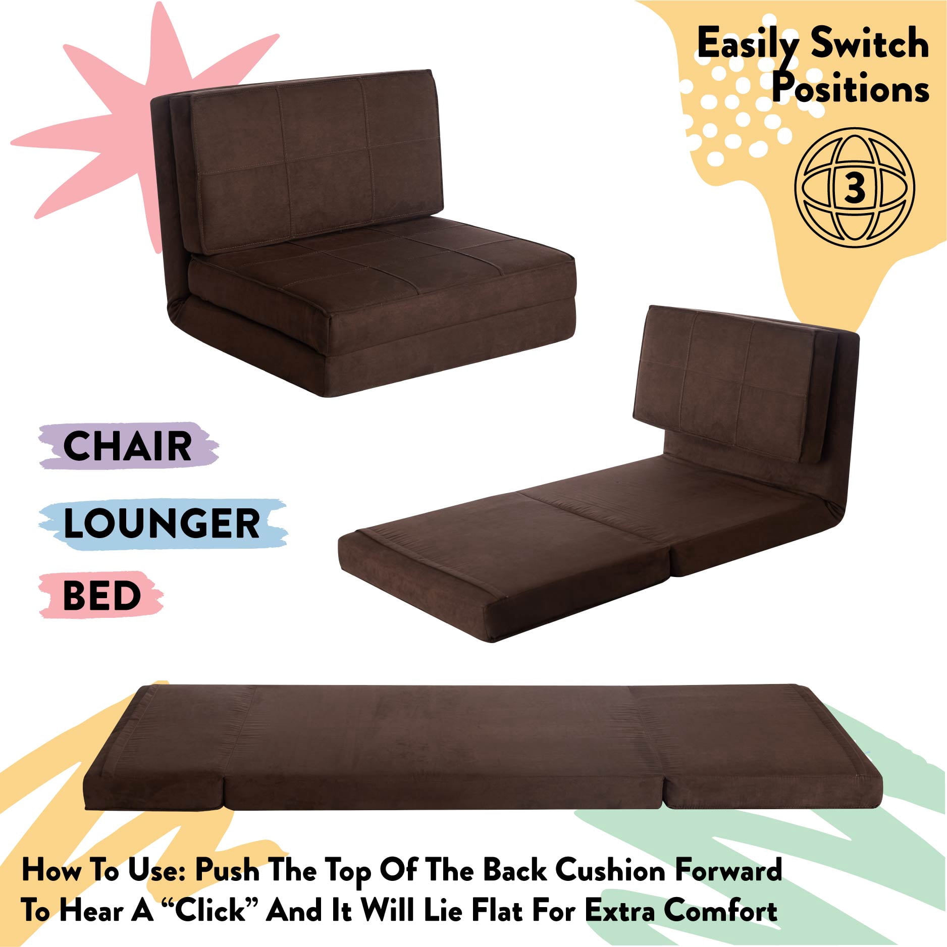 Room Revival Ultra Soft Suede 3 Position Convertible Flip Lounge Chair, Black