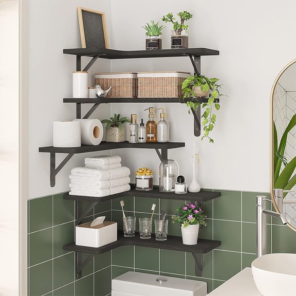 Tomnk Corner Floating Shelves, Set of 5 Rustic Wood Wall Shelves, Walnut