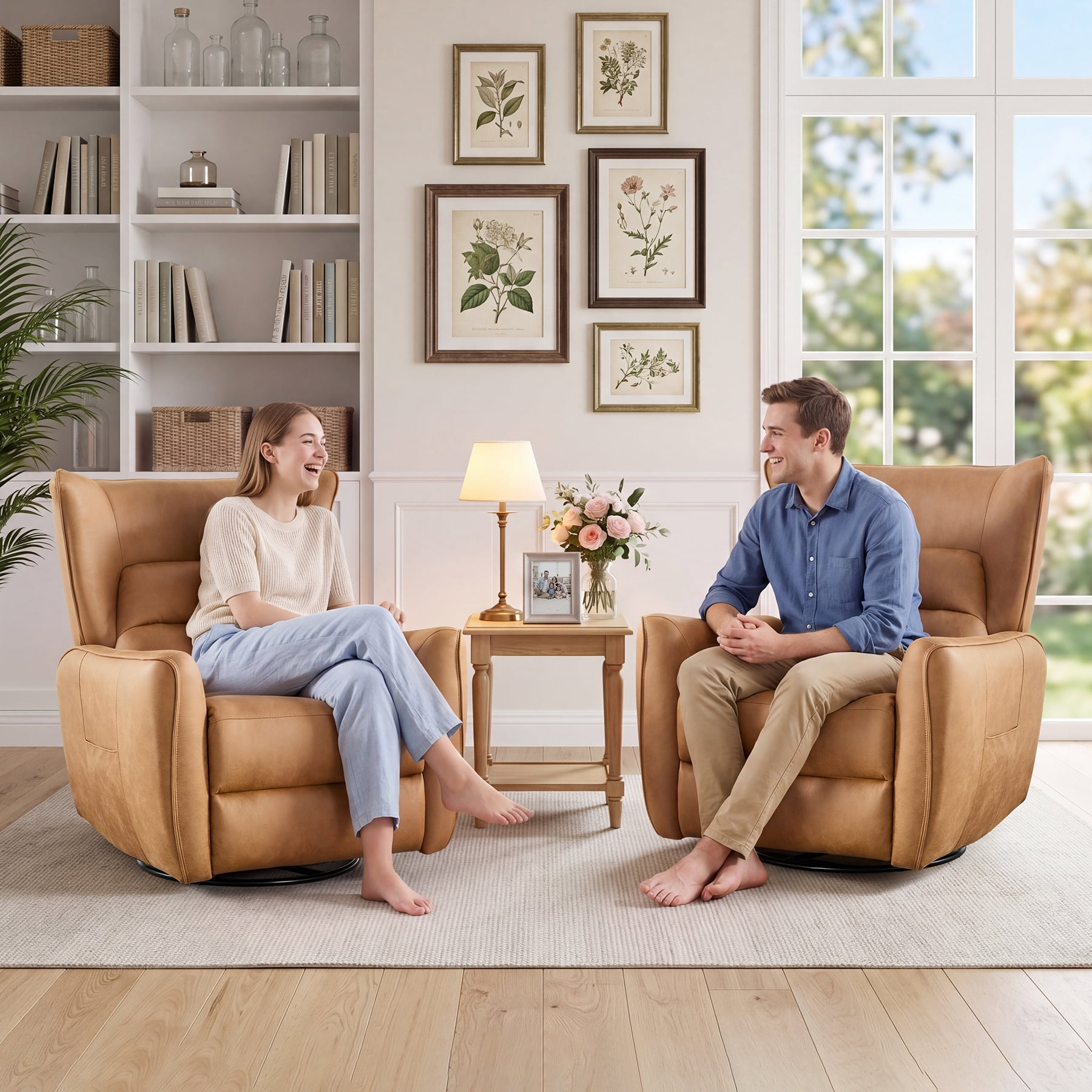 Bonzy Home Swivel Rocker Recliner Set of 2, Power Electric Recliners with Highly Enveloping Backrest Rocking Recliner Chair Leathaire Reclining Sofa for Living Room, Camel