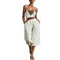 thumbnail image 3 of VBVC Women's Spaghetti Strap Cotton-Linen Jumpsuit,V-Neck Wide Leg Romper For Women,Ladies Baggy Sleeveless Outfit Set with Pockets,White,S-3XL, 3 of 10