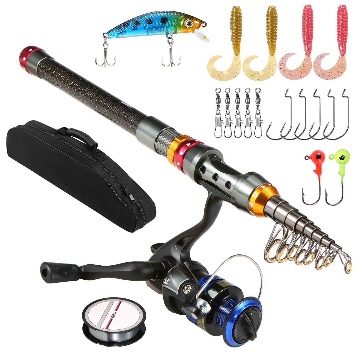 Fishing Rods Full Kits With Telescopic Spinning Reel Baits Hooks Travel Pole Set 