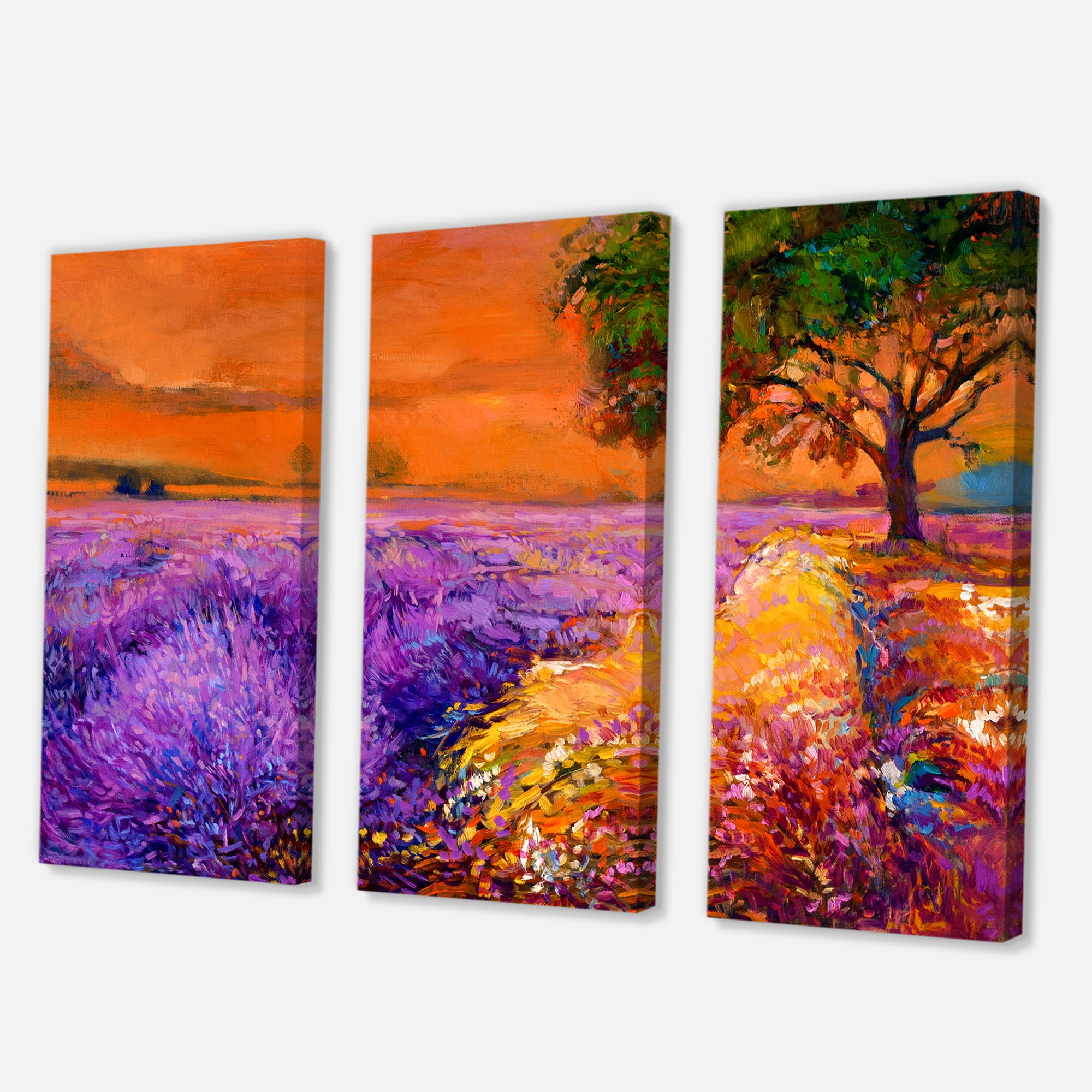 Designart ' An Orange Sunset Over Purple Lavender Fields II ' Farmhouse Canvas Wall Art Print