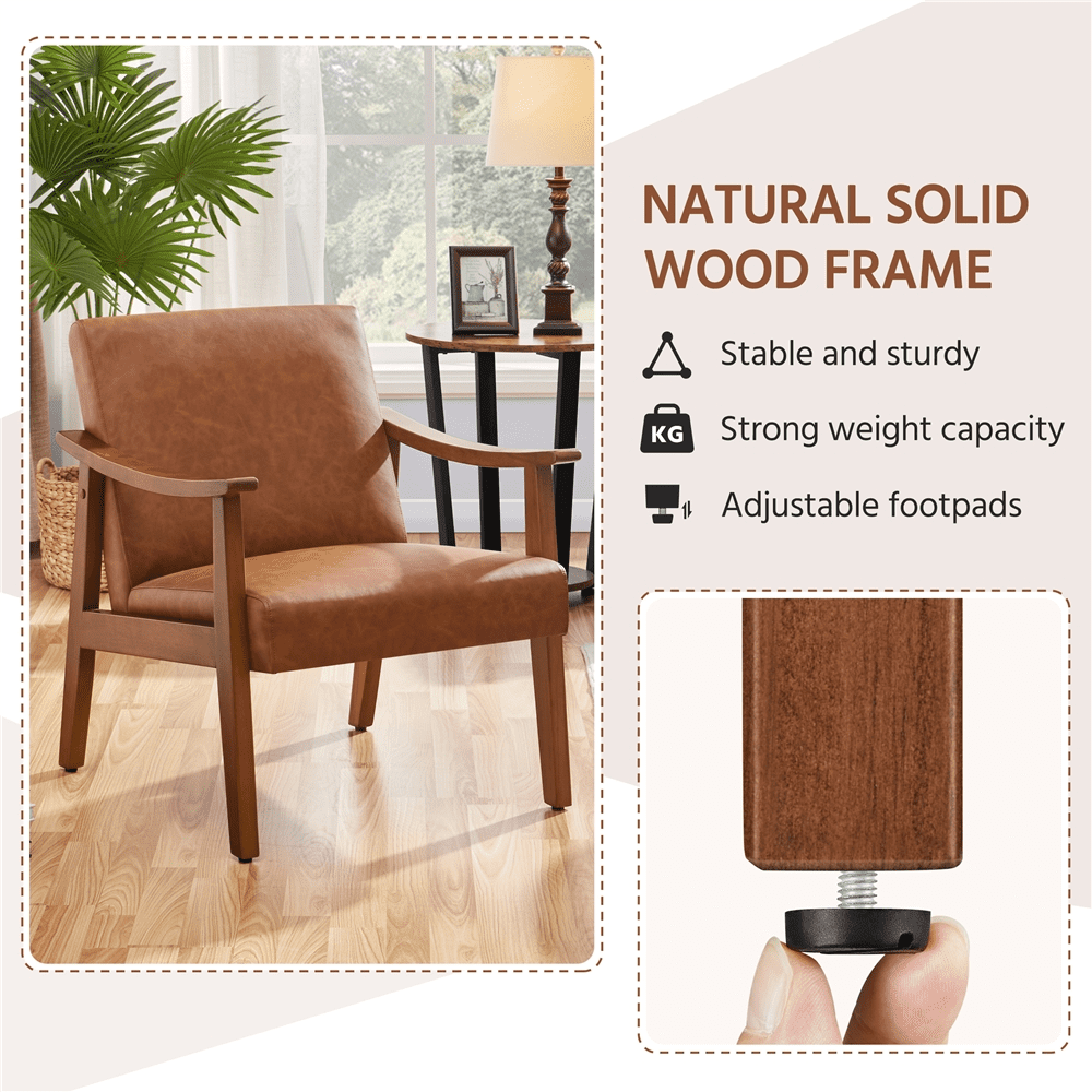 Alden Design Mid-Century Modern Accent Chair with Wooden Frame, Light Brown Faux Leather
