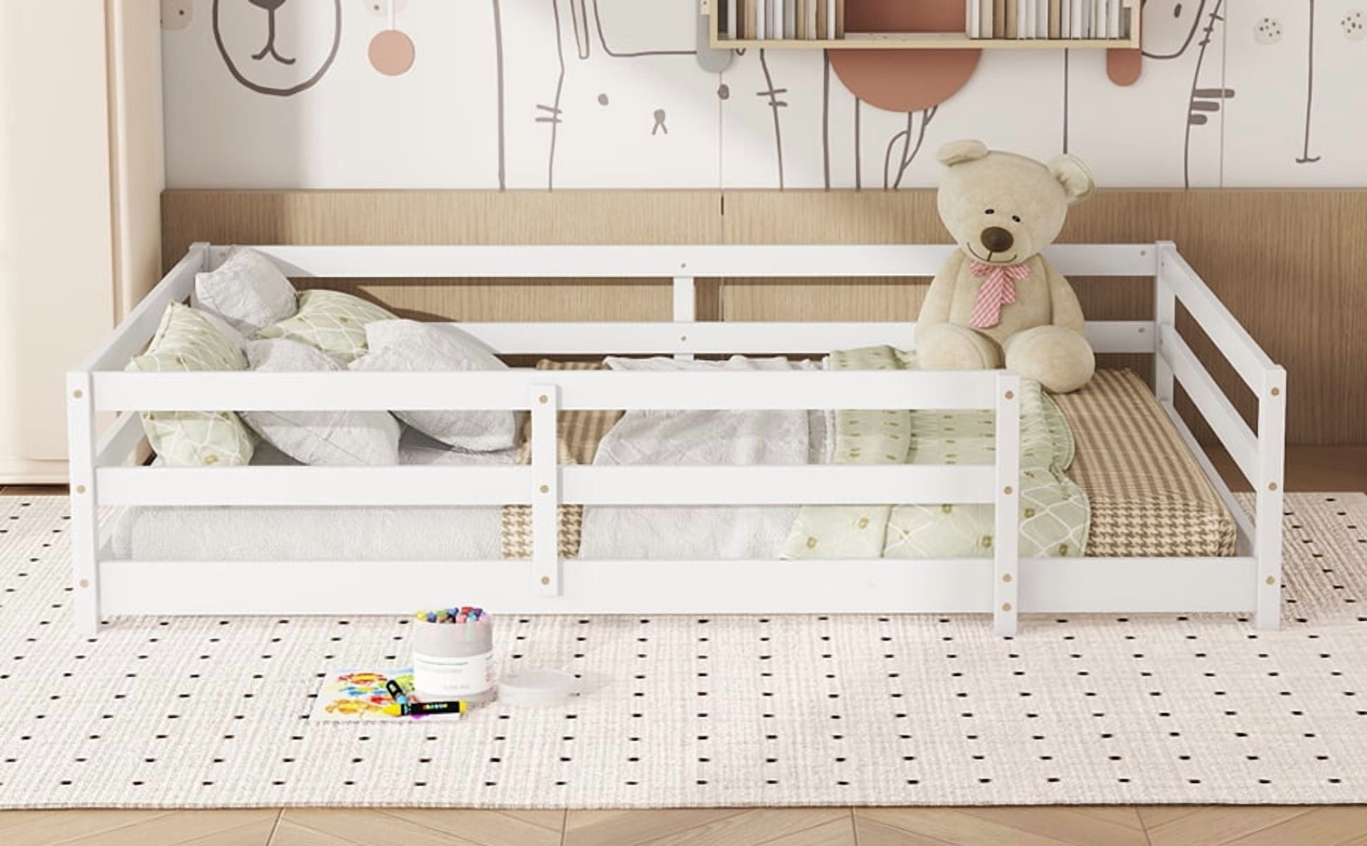 Full Size Floor Bed with Fence, Wood Floor Bed, White